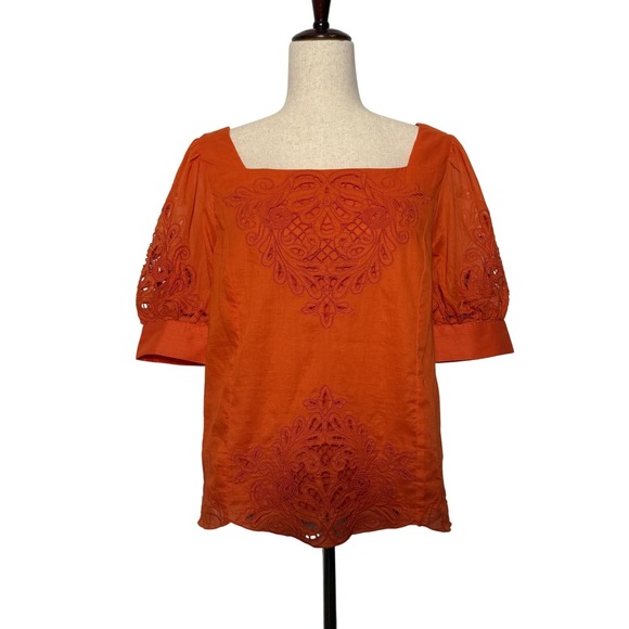 By Anthropologie Tops - By Anthropologie Blouse Womens Small‎ Orange Embroidery Cutwork Peasant Bohemian